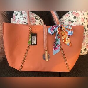 Badgley Mischka Orange Tote Bag with Floral Scarf